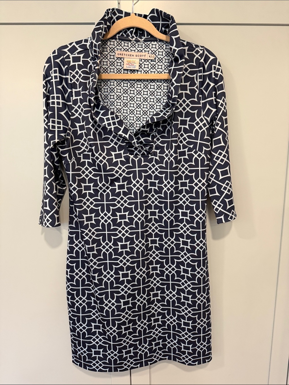 Gretchen Scott Designs Navy and White Geometric Cowl-Neck Dress